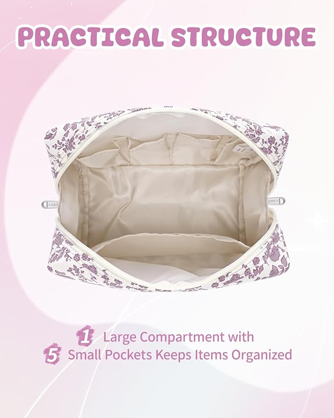 Narwey Birthday Gifts for Teen Girls Kids Women Personalized Initial Floral Makeup Bag Cute Cosmetic Trendy Stuff 6 8 10 11 12 13 14 16 18 Years Old Travel Toiletry Bag (Little Dusty Pink Flower E)