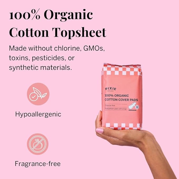 Pixie Organic Cotton Postpartum Pads for Women - Extra Heavy Absorbency with Wings - Leak-Proof, Hypoallergenic & Unscented for Feminine Care - Compostable, Biodegradable - 12 Count