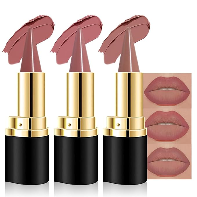 evpct 3Pcs Mauve Antique Dusty Rose Nude Pink Gradient Matte Lipstick Lip Liner Crayon Combo Pencil Set for Women Long Lasting, Cream Lip Liner and Lipstick Combo Makeup，Flawless Gradual Ombre Effect