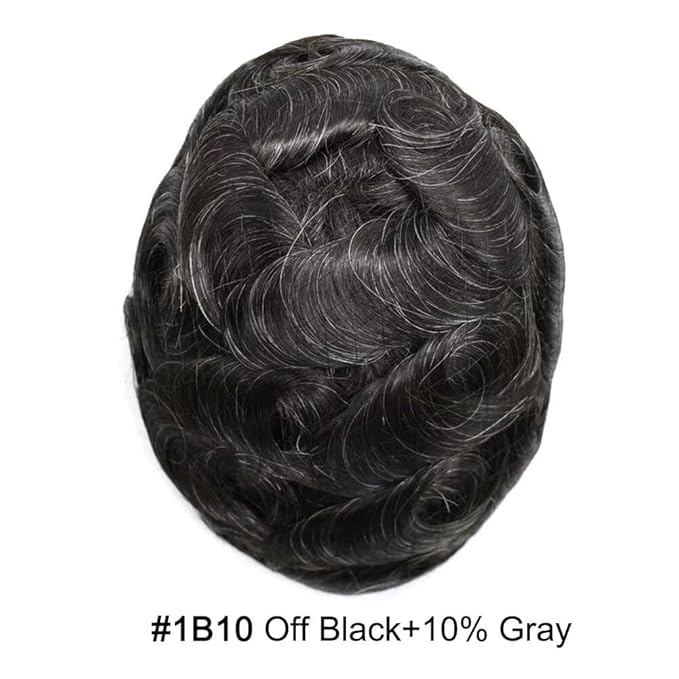 FACE MIRACLE Toupee for Men French Lace Hairpiece Human Hair Replacement System Skin PU Mens Toupee V-Looped Front Hair Piece 6"X8" #1B10 1B# OFF BLACK WITH 10% SYNTHETIC GREY-80% Light Density