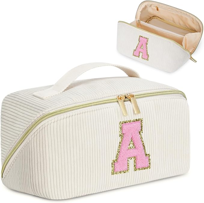 Personalized Initial Makeup Bag,Christmas Gifts for Girl,Preppy Bag Cosmetic Travel Bag Women,Travel Toiletry Organizer,Large Capacity Corduroy Stuff Bag,Cute Cosmetic Pouch Skincare Bag-A