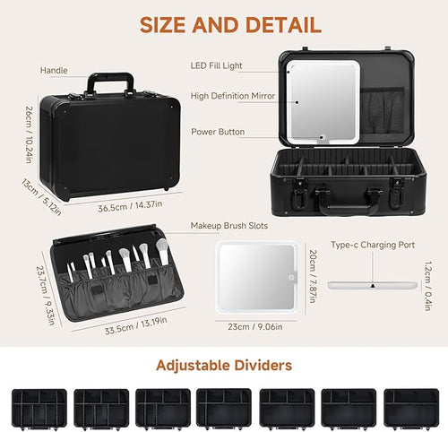 15"x11" Makeup Case with Lighted Mirror & Brush Holder - Waterproof Travel Organizer, Customizable Storage, Rechargeable LED Vanity for Women (black)