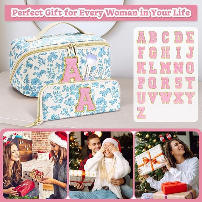 Personalized Travel Makeup Bag Set,Initial Travel Cute Floral Makeup Organizer Bag,Toiletry Skincare Cosmetic Bag,Christmas Gifts for Women/Girls,Open Flat Toiletry Pouch with Brush Pocket-V