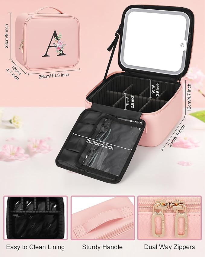 Relavel Initial Makeup Bag with LED Mirror for Women Girls, Personalized Travel Cosmetic Organizer Train Case, Birthday Gifts for Grandkids Bridesmaid Graduation Teacher Friends, Trendy Stuff, Pink R