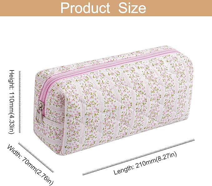 Cute Floral Cotton Makeup Brush Cosmetic Bag for Women, Travel Quilted Zipper Make Up Bag, Flowers Toiletry Organizer Case Kawaii Makeup Cosmetic Travel Cloth Pouch (Pink+Big Red Floral)