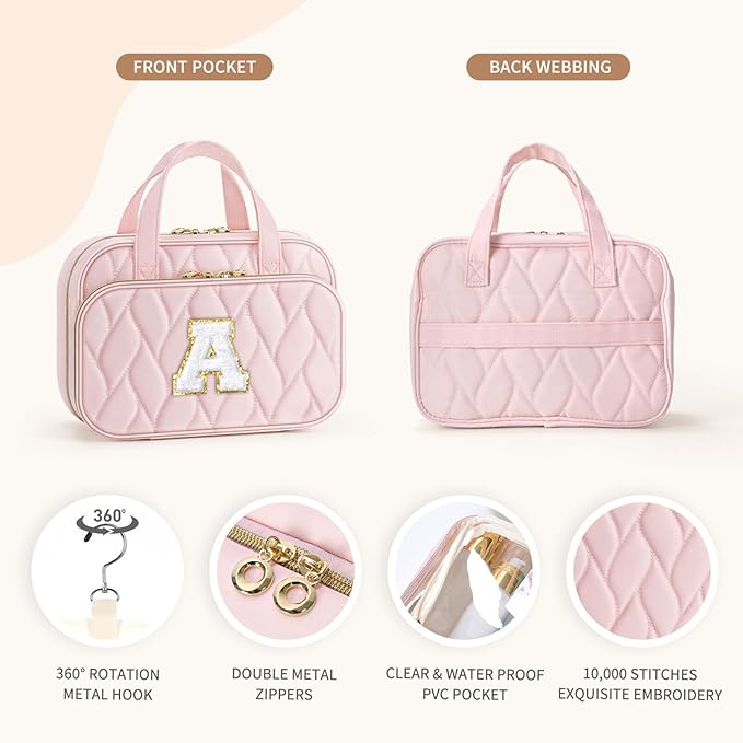YOOLIFE Birthday Gifts for Women Teen Girls - Hanging Toiletry Bag Initial Makeup Bag, Personalized Large Toiletry Bag, Gifts for Women Teen Girls Daughter Sister - Letter M, Pink