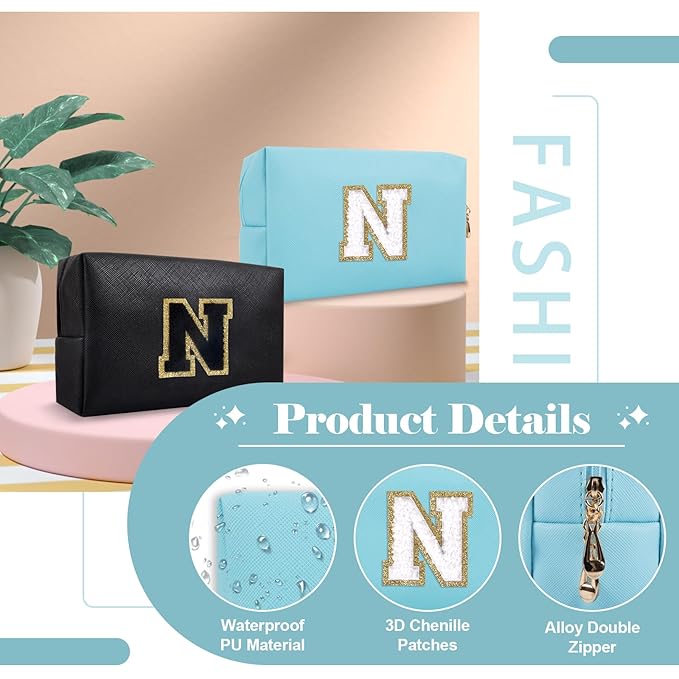 Small Personalized Initial A-Z Preppy Patch Makeup Bag,PU Chenille Letter Travel Cosmetic Pouch with Zipper,Blue Cute Toiletry Bag,Gift Ideal for Teen Girls Women Teacher Bridesmaid,Letter N