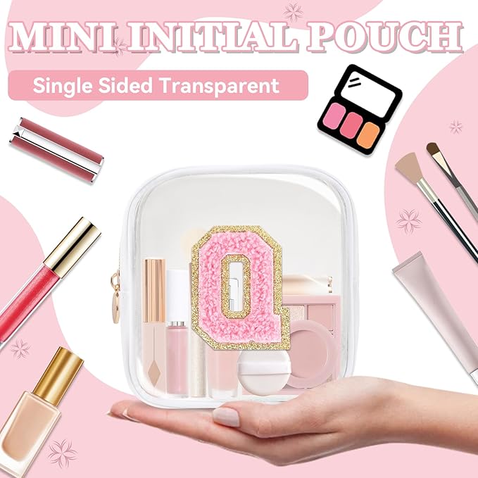 Mini Clear Personalized Initial Makeup Bag,Small Nylon Waterproof Zip Beach Cosmetic Pouch,Preppy A-Z Chenille Letter Patch Cute Coin Purse Travel Toiletry Bag Car Pack Bag for Women(White-Pink Q)