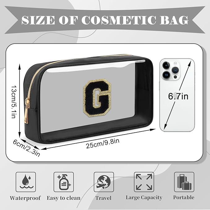 Personalized Initial Letter Clear Makeup Bag,Preppy Small Nylon&PVC Cosmetic Zipper Bag with Chenille Letter,Travel Skincare Toiletry Bag,Monogram Christmas Gift for Teen Girls Women,G