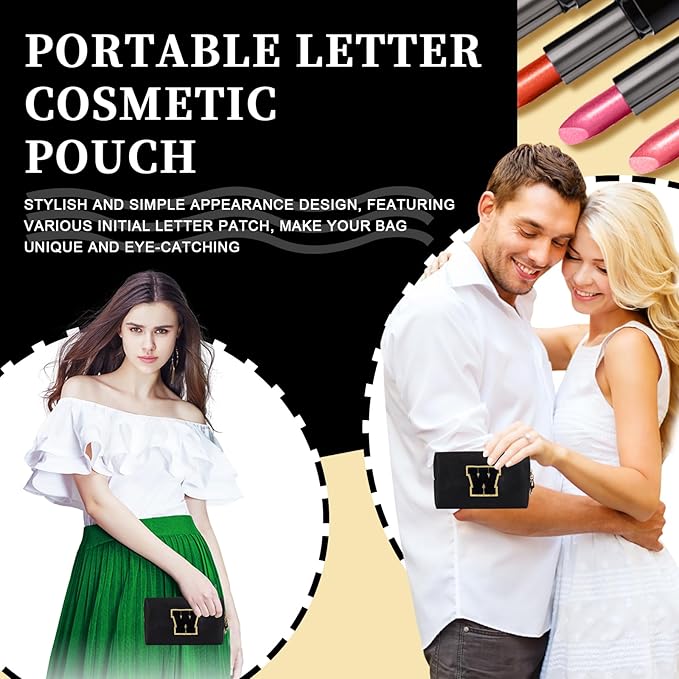Personalized Initial Letter Patch Makeup Bag, Preppy Portable Chenille Cosmetic Bag with Zipper, PU Leather Waterproof Travel Toiletry Bag Monogram Make Up Pouch for Women Girls