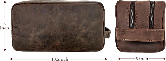 RUSTIC TOWN Full Grain Leather Travel Toiletry Bag - Cosmetic Ditty Kit Organizer (Dark Brown)