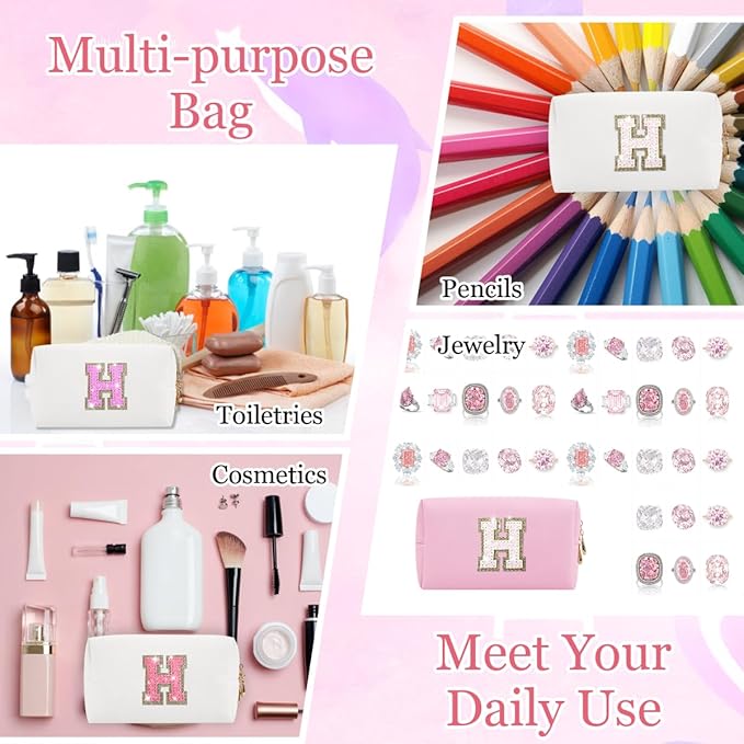 Glitter Initial Letter Makeup Bag, Small Personalized Sequins Letters PU Leather Cosmetic Bag Portable Waterproof Makeup Zipper Pouch, Shine Handbag Organizer Travel Bag Gifts for Women&Girls(White-H)