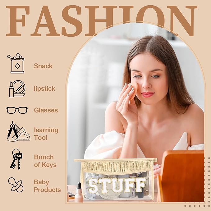 Small Boho Straw Clear Stuff Makeup Bags for Women&Girls, Zipper Cosmetic Bag Chenille Varsity Letter Patch Bag, Preppy Cute Toiletry Pouch, Trendy Organizer Storage Bag for Beach Travel Essentials