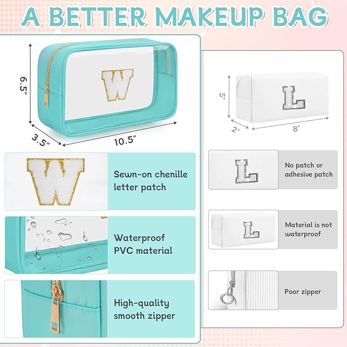 Personalized Initial Clear Makeup Bag, Travel Chenille Patch Cosmetic Bag, Preppy Toiletry Bag Monogram Cosmetic Pouch with Zipper, Ideal Gift for Teen Girls Women (Clear-Green, W)