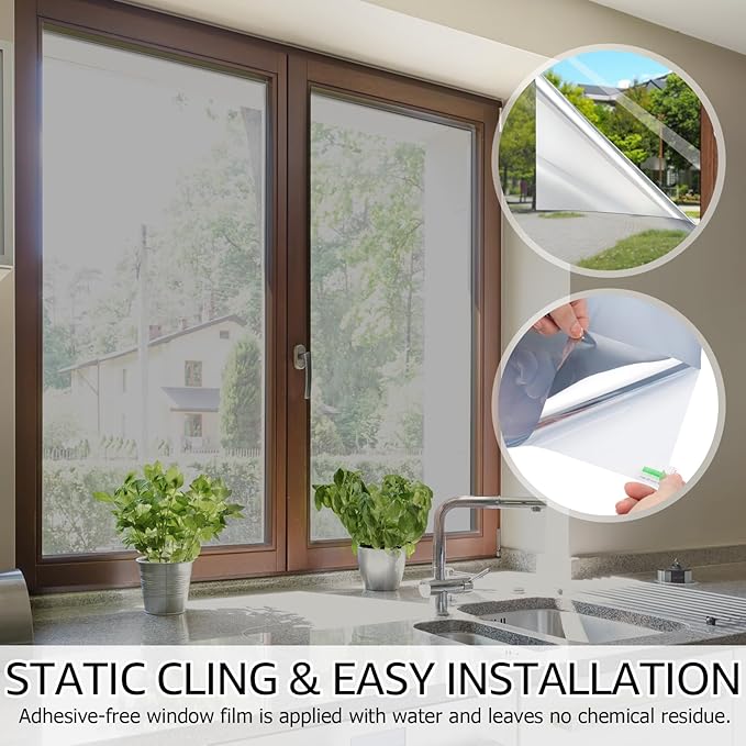 HIDBEA One Way Privacy Window Film, Daytime Privacy Sun Blocking Anti UV Reflective Window Film Heat Control Static Cling Window Tint Film for Home and Office, Silver, 23.6 x 78.7 Inch