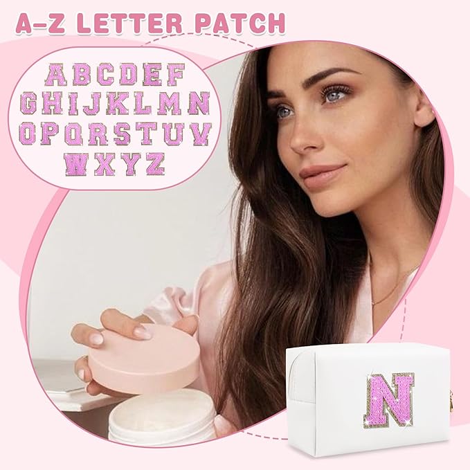 Small Initial Patch Makeup Bag Personalized Gifts Make Up Bag,White Cute PU Leather Glitter Letter Cosmetic Bag with Zipper,Trendy Portable Travel Toiletry Pouch,Preppy Stuff for Teen Girls Women N