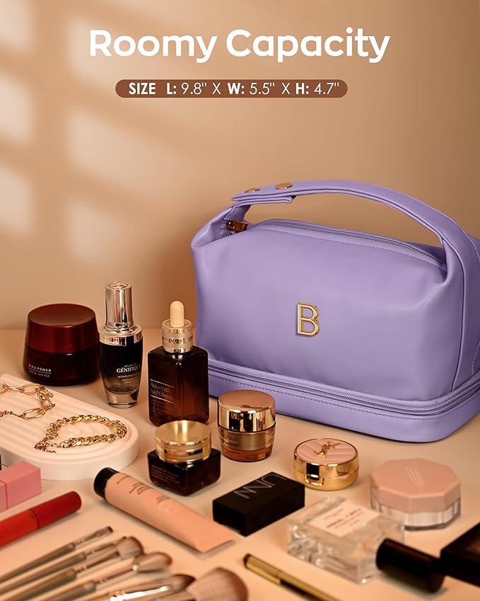 Makeup Bags with Handle, Friend Gifts, Personalized Double Layer Cosmetic Bag with Makeup Brush Organizer, Waterproof, Large Capacity PU Leather Travel Toiletry Bag, Birthday Gifts for Girls