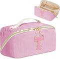 Personalized Initial Makeup Bag,Christmas Gifts for Girl,Preppy Bag Cosmetic Travel Bag Women,Travel Toiletry Organizer,Large Capacity Corduroy Stuff Bag,Cute Cosmetic Pouch Skincare Bag-T