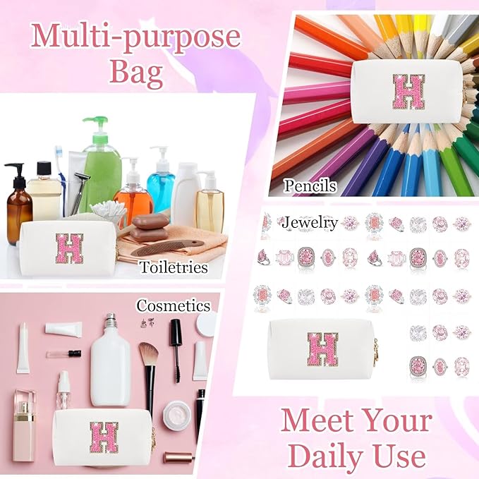 Small Personalized Glitter Initial Letter Makeup Bag, Cute PU Leather Chenille Letters Cosmetic Bag Travel Makeup Pouch, Preppy Travel Organizer Zipper Pouch for Women&Girls（WhiteRosePink-H）