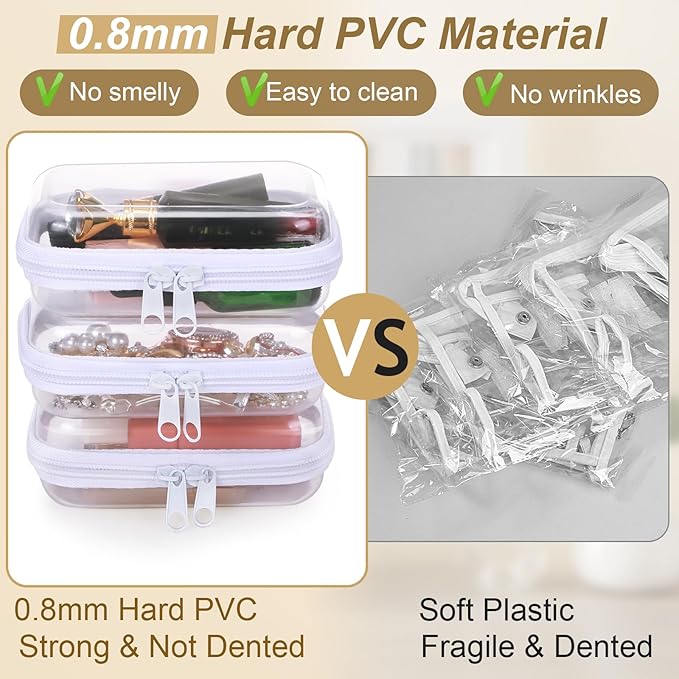 Hoolerry 3 Pcs Clear Hard Zipper Case Plastic Pouch Transparent Hard Case Clear Makeup Bag Portable Travel Organizer Bin for Cosmetics, Building Blocks, Puzzles(White,Xs)