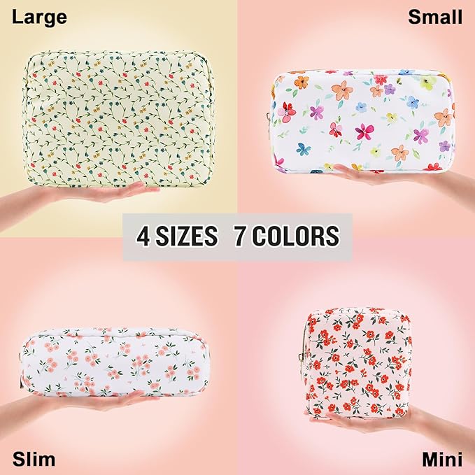 Nylon Large Floral Makeup Organizer Bag, Preppy Big Cute Flower Cosmetic Zipper Pouch Multi-compartment with Dividers, Waterproof Toiletry Make Up Bag Travel Essentials for Women(Light Yellow-Flower)