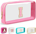 Small Clear Personalized Initial Makeup Bag,Nylon Preppy A-Z Chenille Letter Patch Cosmetic Pouch Beach Toiletry Bag,Waterproof Zipper Travel Purse Storage Bag Organizer for Women Girls(Pink-Pink I)