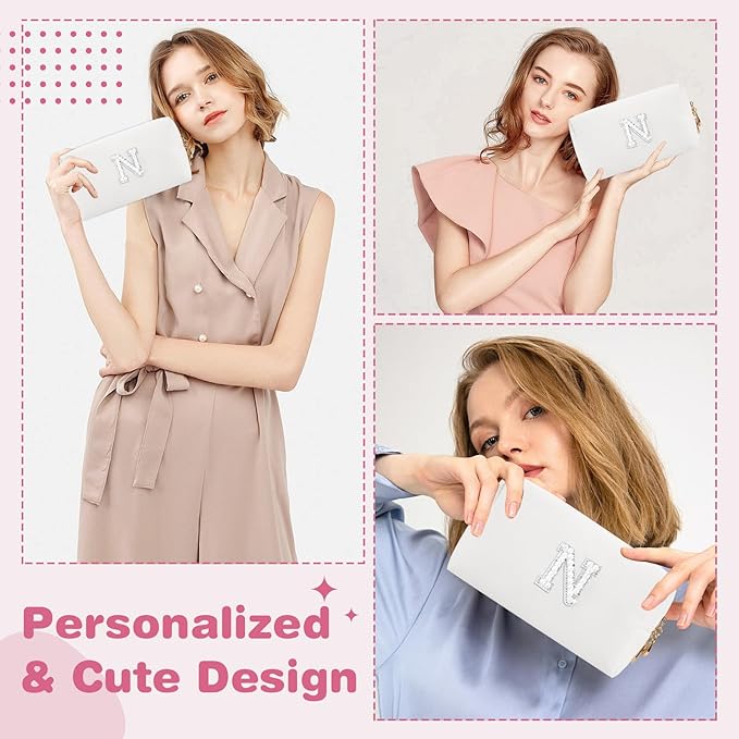 Bride Gifts – Personalized Initial Makeup Bag with Pearl Rhinestone Patch, Preppy White Monogram Cosmetic/Toiletry Pouch, bridesmaid Gifts, Bridal Shower Gifts, Wedding Gifts, Bridal Gifts,N