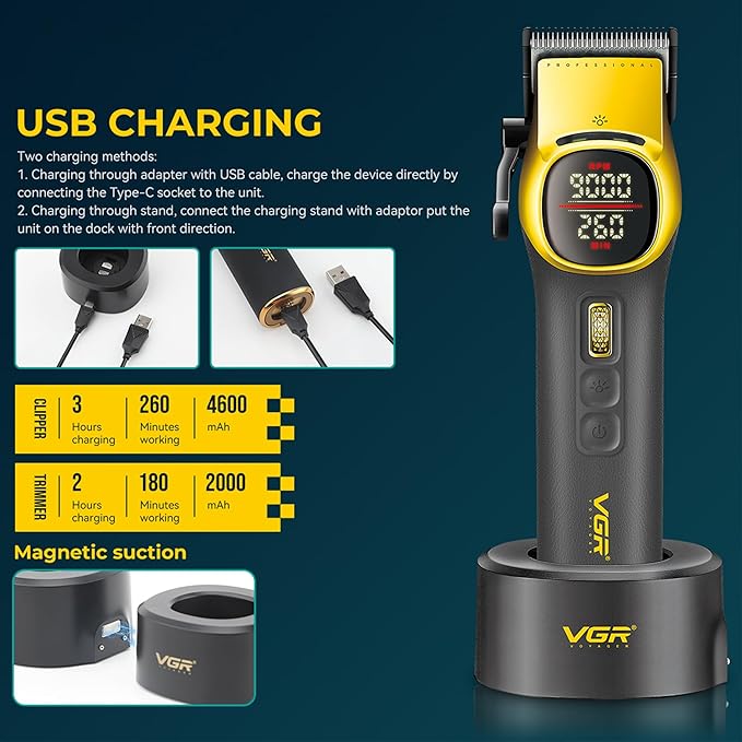 VGR 885 S2 Cordless Barber Clippers and Trimmers Kit, Professional Hair Clippers for Men, Haircut Kit with DLC-Coated Ceramic Blades, 21-Speed Roller, 2 Magnetic Charging Bases, LED Display, Gold