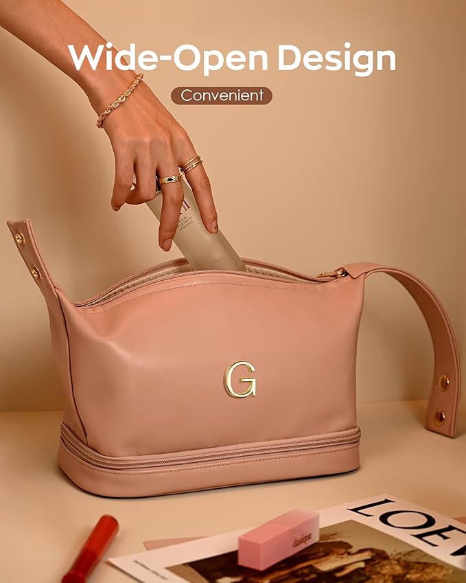Makeup Bags Personalized Bags with Handle, Waterproof Double Layer Cosmetic Bag, Large Capacity PU Leather Makeup Bags Letter Travel Toiletry Bag with Makeup Brush Organizer