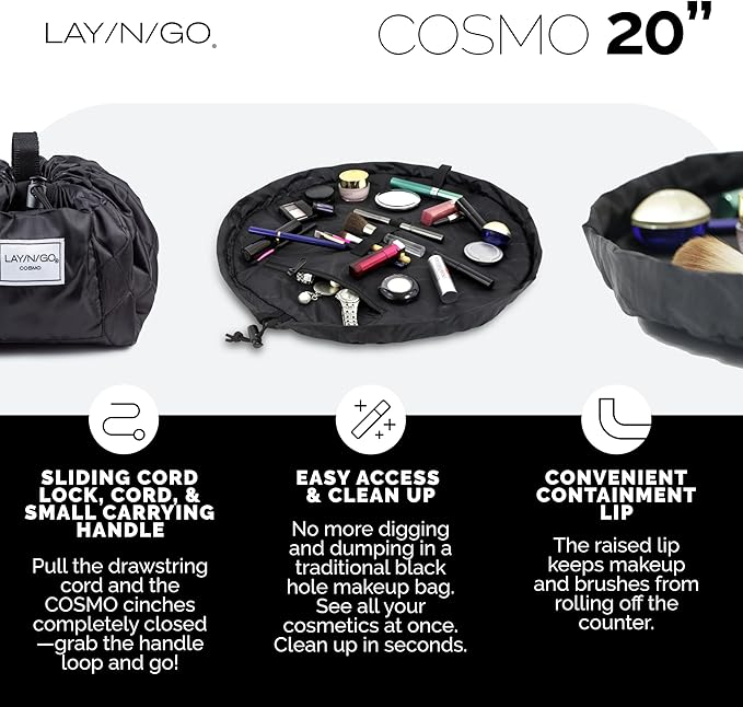 Lay-n-Go Cosmo Drawstring Cosmetic & Makeup Bag Organizer - Portable Drawstring Makeup Bag w/Zipper Pocket & More - Durable, Machine Washable Toiletry Bag for Travel (20", Grit Grace Gratitude)