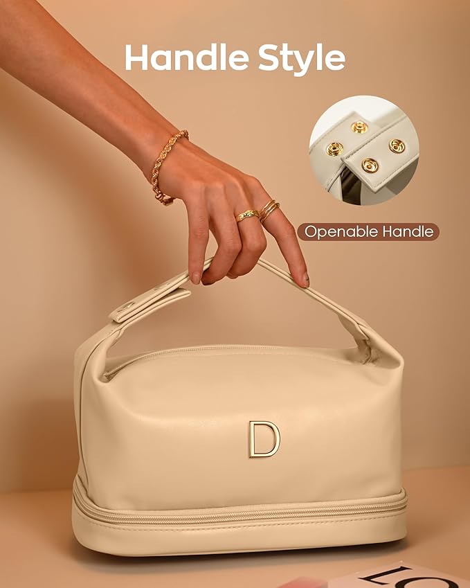 Engagement Gifts, Initial Large Makeup Bag, Personalized Double Layer Cosmetic Bag with Makeup Brush Organizer, Waterproof, Large Capacity PU Leather Travel Toiletry Bag