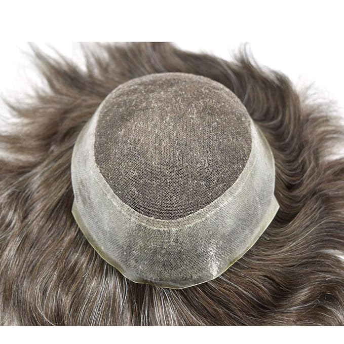 FACE MIRACLE Toupee for Men French Lace Hairpiece Human Hair Replacement System Skin PU Mens Toupee Hair Wigs for Man V-Looped Front Hair Prosthesis 8"X10" #440 4# MEDIUM BROWN WITH 40% SYNTHETIC GREY