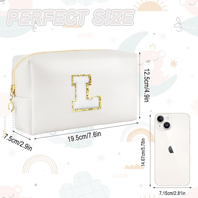 Gifts for Girls Initial Makeup Bag Personalized Cosmetic Bag with Zipper Cute Travel Toiletry Bags Waterproof PU Preppy Makeup Pouch Birthday Gift for Teen Girls Women(White L)