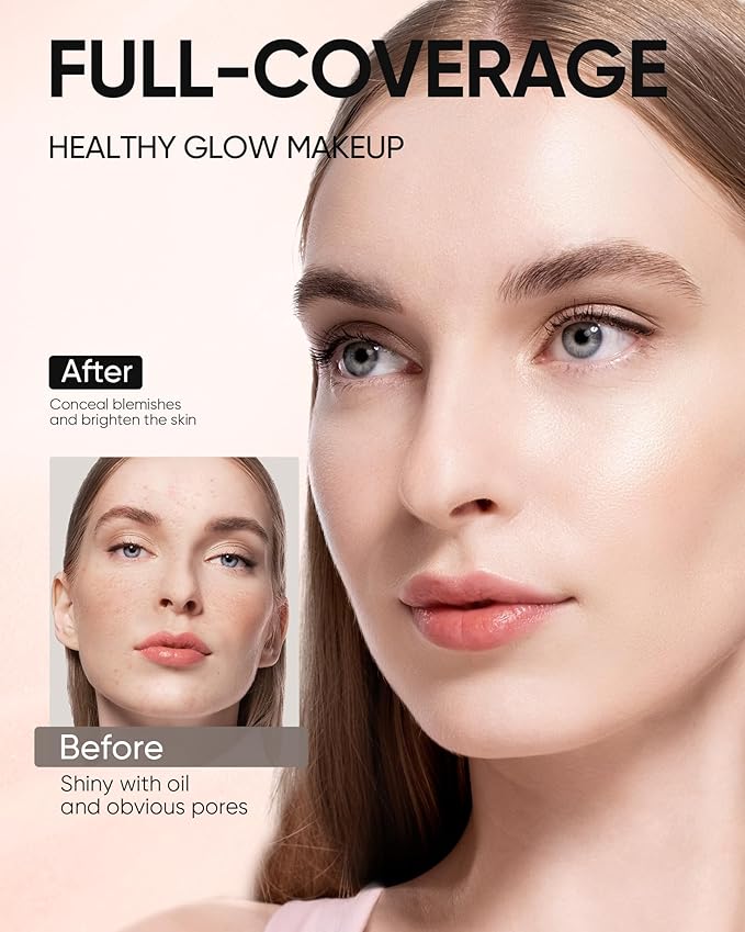 Full Coverage Cushion Foundation, Weightless, Skin Fit, Satin Glow Finish, Oil-Control Waterproof Foundation, Sweatproof Flawless BB Cream CC Korean Makeup,Tattoo Cover Up, Buildable(#22C Peach Beige)