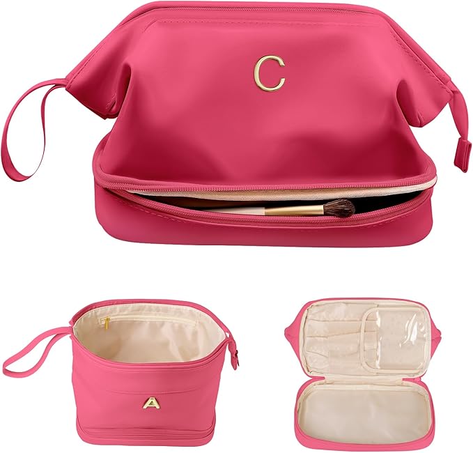 Teen Girl Gifts Trendy Stuff, Initial Large Makeup Bag, Bride To Be Gifts, Double Layer Cosmetic Bag, Waterproof PU Travel Toiletry Bag for Bachelorette Wedding Bridal, Bride Gifts