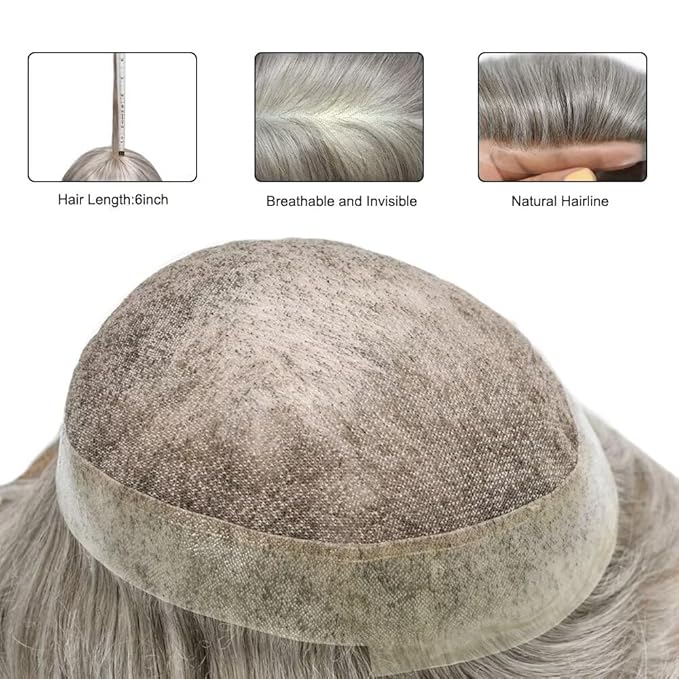 Mens Toupee Human Hair Piece French Lace Toupee for Man Hair System Indian Human Hair Replacement Systems V-Looped PU Front Hairpieces 6"X9" #60RY