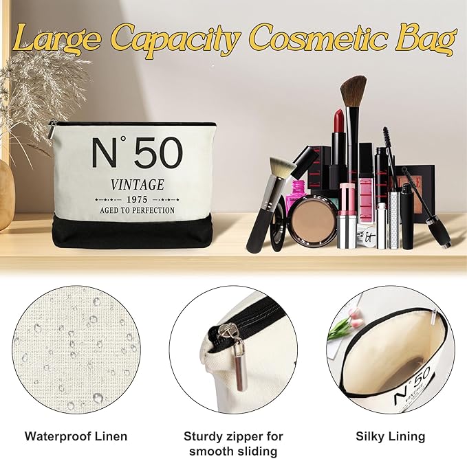 50th Birthday Gifts for Women Canvas Tote Bag, Unique 50 Years Old Gifts for Wife Sister Mom Aunt Friends Her, Vintage N°50 Handbag & Cosmetic Bag & Back in 1975 Poster