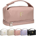 Daughter Gifts, Personalized Makeup Bag with Handle, Initial Double Layer Cosmetic Bag with Makeup Brush Organizer, PU Leather Travel Toiletry Bag, Gifts for Friends Female Mom