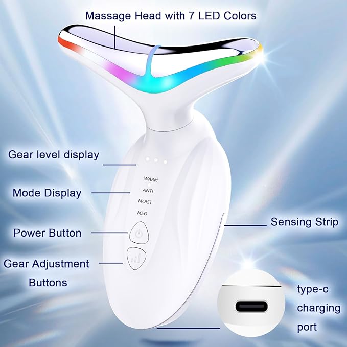 Facial and Neck Massager - SIQUER 7 in 1 Face Sculpting Tool, Multifunctional Face Lift Device for Lifting, Double Chin and Skin Care, White