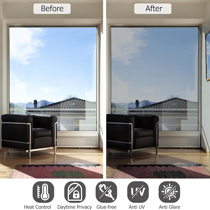 HIDBEA One Way Privacy Window Film, Daytime Privacy Sun Blocking Anti UV Reflective Window Film Heat Control Static Cling Window Tint Film for Home and Office, Silver, 35.4 x 78.7 Inch