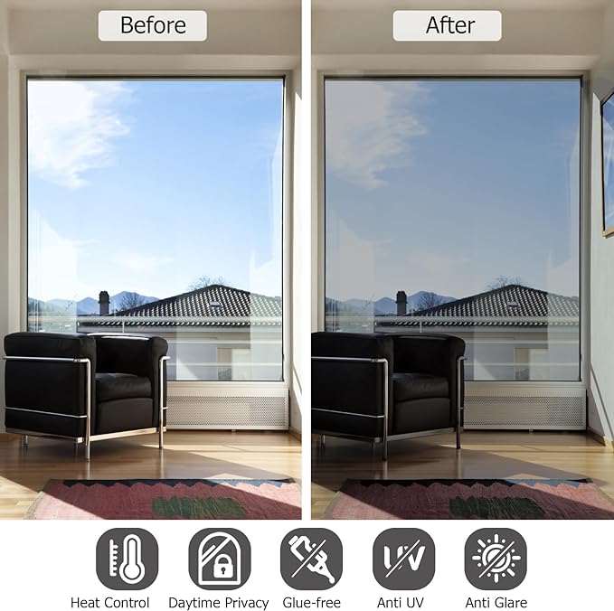 HIDBEA One Way Privacy Window Film, Daytime Privacy Sun Blocking Anti UV Reflective Window Film Heat Control Static Cling Window Tint Film for Home and Office, Silver, 41.3 x 78.7 Inch