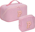 Travel Makeup Bag for Women, 2Pcs Portable Personalized Initial Makeup Organizer Bag, Open Flat Large Cosmetic Bag With Travel Essential Pouch (Pink Letter P)