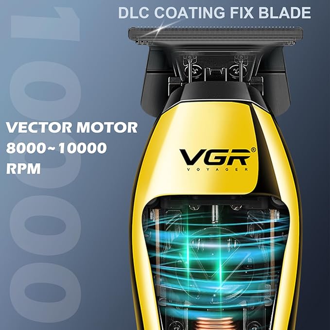 VGR 994 Vector Motor Hair Trimmer for Men, 10000 RPM Professional Hair Clippers Beard Trimmer, DLC T Blade Trimmers for Barbers, Cordless Zero Gapped Line Up Clippers with Metal Body, Travel Case