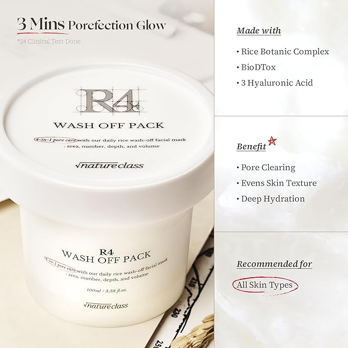 R4 Rice Wash Off Facial Mask – 4-in-1 Pore Care, Deep Cleansing, Hydrating, Exfoliates, Pore Sebum Clearing, Gentle Exfoliating Korean Skincare 3.38 Fl Oz
