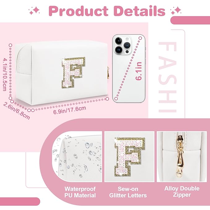 Small Initial Patch Makeup Bag Personalized Gifts Make Up Bag,White Cute PU Leather Glitter Letter Cosmetic Bag with Zipper,Trendy Portable Travel Toiletry Pouch,Preppy Stuff for Teen Girls Women F