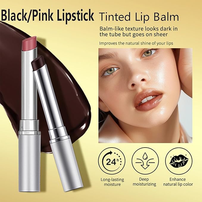 2Pcs Honey Lipstick Tinted Lip Balm, Black and Pink Lipstick, Hydrating Natural Glossy Lip Balm, Sheer Lightweight Color, Moisturizing Lip Makeup Lip Care Balm for Repairing Dry Lips
