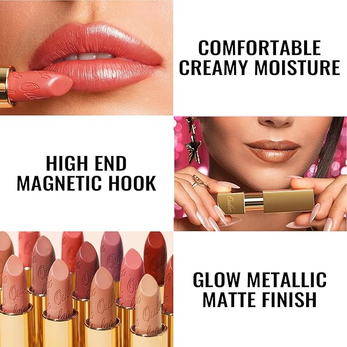 Oulac Maple Matte Lipstick with Glow Metallic Finish - Vegan Lipstick for Women, Creamy Texture, Hydrating Clean Beauty Formula, High-End Magnetic Hook Design, GM07 Outrageous