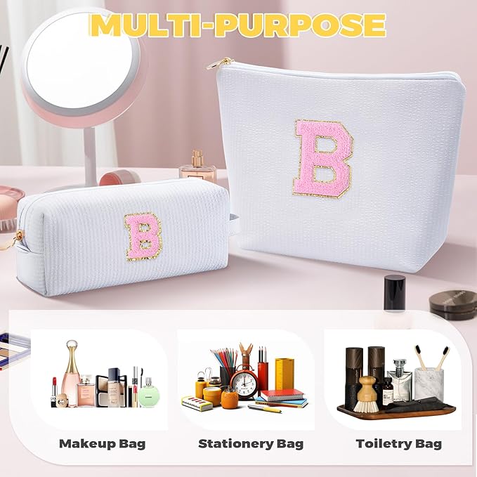 Bridesmaid Gifts Wedding Day - Bridal Shower Gifts,Maid of Honor Gifts,Initials Makeup Bag Set Cosmetic Bag - White,B
