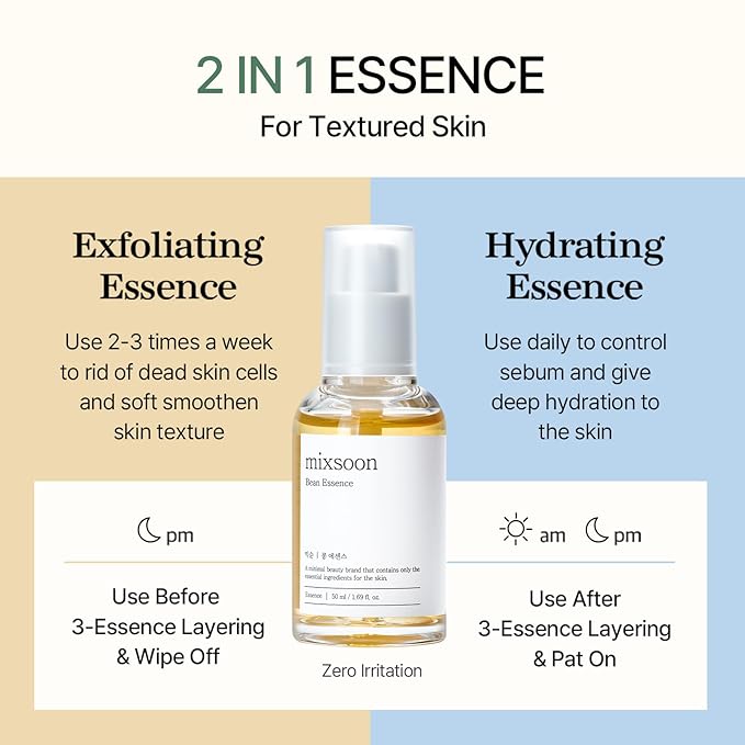 mixsoon Bean Essence 1.01 Fl.Oz. / 30ml (Pack of 1) Exfoliating Hydrating Korean Skin Care Hyaluronic Acid Serum Korean Glass Skin Care