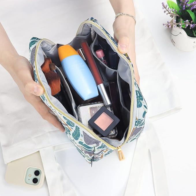 Aosbos Small Travel Makeup Pouch - Cosmetic Bag for Women - Green Leaf